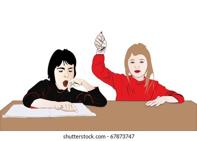 Vector illustration of two girls work in the school class