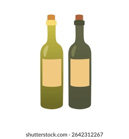 Vector Illustration of Two Glass Bottles with Labels and Cork Stoppers — Wine or Olive Oil — Isolated on White Background