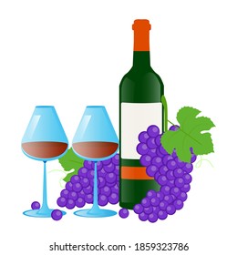 Vector illustration, two glass glasses, a bottle of wine and a bunch of grapes on a white background