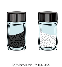 Vector illustration of two glass jars with black pepper and salt, hand-drawn style with a focus on detailed texture and realistic shading.