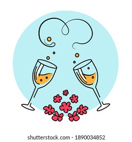 Vector Illustration of two Glass of wine, Couple of champagne and flowers for Valentine's Day, wedding, engagement, marriage, birthday. Congratulation postcard, stickers, logo