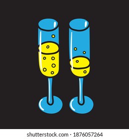 Ilustración vectorial de dos vasos de champán con muchas burbujas doradas.

