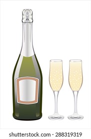 Vector illustration. Two glasses of champagne and bottle.