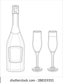 Vector illustration. Two glasses of champagne and bottle.