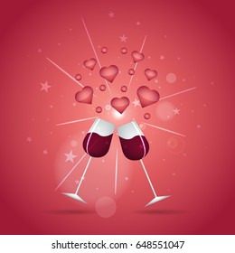 Vector illustration of two glasses of champagne cheering with bubbles and hearts.