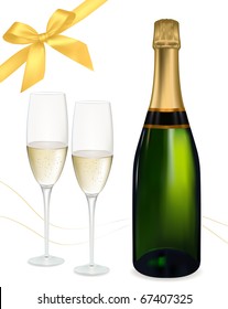Vector illustration. Two glasses of champagne and bottle.