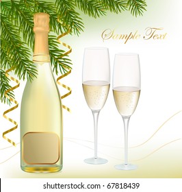 Vector illustration. Two glasses of champagne and bottle.