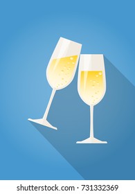 Vector illustration of two glasses of champagne in flat design on blue background. Merry Christmas and Happy New Year concept.