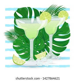 Vector illustration of two glasses of classic Margarita cocktail with tropic leaves on blue striped background. Summer drink on exotic background with slice of lime for party, design, bar, menu. 