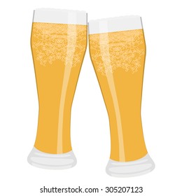 Vector illustration of two glasses full of light beer cheers. Beer glasses clink. Toasting with beer