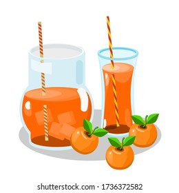 Vector illustration of two glasses of orange juice with ice and oranges placed next to the glass.

