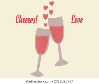 Ilustración vectorial de dos copas de champán rosa tostado con corazones rojos flotantes y texto Cheers Love