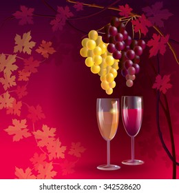 Vector illustration with two glasses of wine and bunches of grapes. It can be used for decoration of menu and wine list.