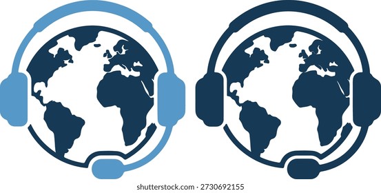 Ilustración vectorial de dos globos con auriculares, que representan la comunicación global y los viajes, en colores azul oscuro y azul claro sobre fondo blanco