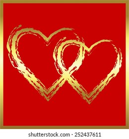 Vector illustration of  Two gold hearts on a red framed.