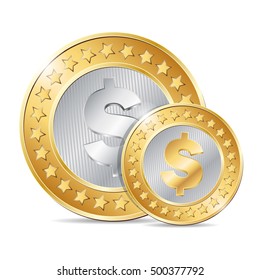 vector illustration of two gold and silver coins on white background. EPS