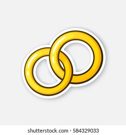 Vector illustration. Two gold wedding ring. Ceremonial wedding band. Sticker in cartoon style with contour. 