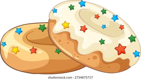 Vector illustration of two golden donuts topped with white glaze and colorful star-shaped sprinkles