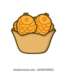 A vector illustration of two golden, fish-shaped Taiyaki cakes nestled in a brown paper basket, isolated on white