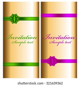 Vector illustration of Two golden invitations with bows.