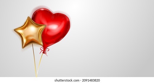 Vector illustration with two golden and red helium balloons, heart-shaped and star-shaped, on white background
