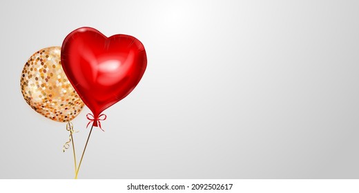 Ilustración vectorial con dos globos de helio dorado y rojo, redondos y de forma cardíaca, sobre fondo blanco