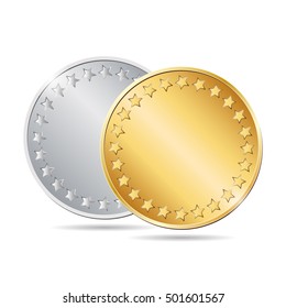 vector illustration of two golden and silver blank coins on white background. EPS