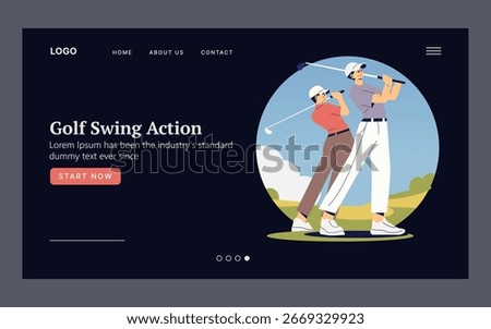 Vector illustration of two golfers in action swing, featured on a website layout. The image depicts determined expressions, capturing the essence of golf enthusiasm and teamwork.