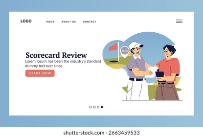 Vector illustration of two golfers engaged in a scorecard review on a website interface. Illustrates collaboration and decision-making, set against a golf-themed background with elements like flags