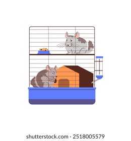 Ilustración vectorial con dos chinchillas grises con un hocico encantador y orejas lindas, sentados en una casa acogedora y comiendo comida. Aislado en un fondo blanco.