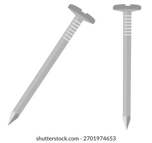 Una Ilustración vectorial de dos clavos de metal gris, uno en ángulo y el otro en posición vertical, mostrados sobre un fondo blanco.