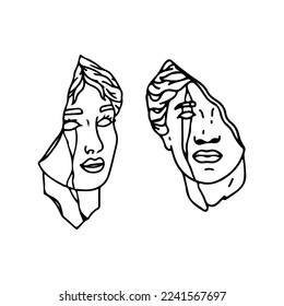  vector illustration of two greek statues split in half