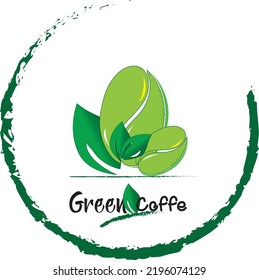 Ilustración vectorial de dos granos de café verdes y hojas de café con un estilo circular. Puede utilizarse como logotipo, marcas y mascotas.