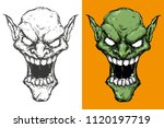 vector illustration of two green Goblin heads on white and yellow background madly laughing