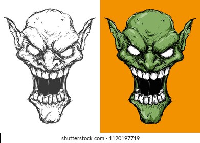 vector illustration of two green Goblin heads on white and yellow background madly laughing