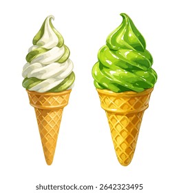 Ilustração vetorial de dois cones de sorvete de chá verde macio, um com matcha apenas e um com redemoinho de baunilha. Ideal para menus de sobremesa, embalagem de alimentos e projetos com temas doces