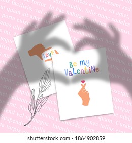 Vector Illustration of Two Greeting Cards for Valentines Day with Overlay Shadow of Two Hands that Represent a Loving Gesture. Creative Concept of Love Idea