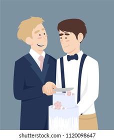Vector illustration of two grooms slice wedding cake.