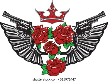 Vector illustration of two guns, steel wings, red roses and crown in tattoo drawing style isolated on white background.