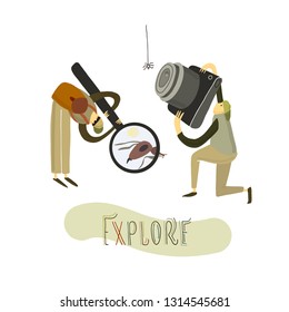 Vector illustration. Two guys explore the nature. Hand drawn stylized people.