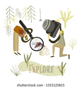 Vector illustration. Two guys explore the nature. Hand drawn stylized people.
