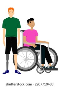 Vector illustration of two guys one using a wheelchair and the other with a mechanical leg. art, drawing, people.