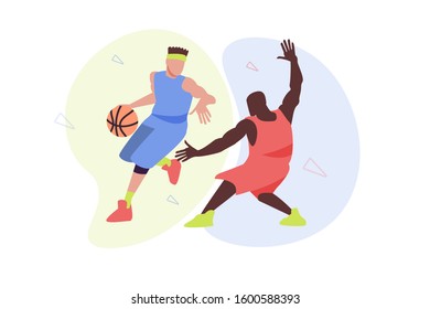 Vector illustration of two guys playing basketball for banner or web templates.