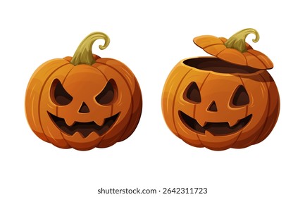Vector illustration of two Halloween pumpkins with carved faces, one has an open lid. Isolated on white background., festive spooky design element