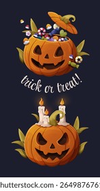 Vector illustration of two Halloween pumpkins with candies and candles on dark background with trick or treat text. Fun spooky design for greeting cards and party decor