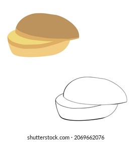 A vector illustration of two halved round buns isolated on transparent background. Designed in brown, beige, black and white colors as a coloring book page