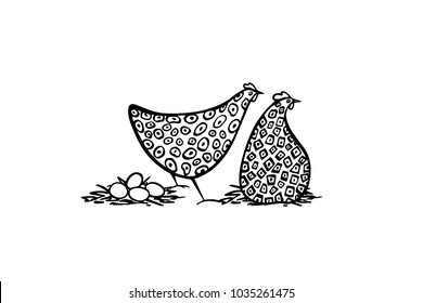 Vector illustration of two hand drawn chickens with nests. Beautiful ink drawing, heavy contour, abstract design elements. Perfect elements for food or farming design.