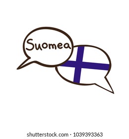 Vector illustration with two hand drawn doodle speech bubbles with a national flag of Finland of and hand written name of Finnish. Modern design for language course or translation agency.