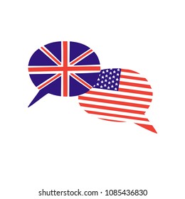 Vector Illustration With Two Hand Drawn Doodle Speech Bubbles With National Flags Of The USA And The United Kingdom . Modern Design For A Language School. International And Intercultural Relations