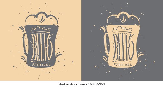 Vector illustration: Two Hand drawn icons with beer mug and lettering isolated on light and dark background.